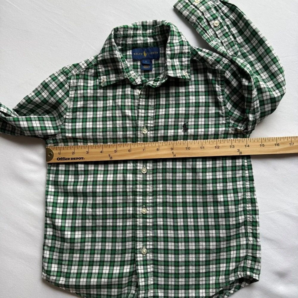 Ralph Lauren Boys Green White Plaid Button Down Shirt Size 5 Long Sleeve Cotton
